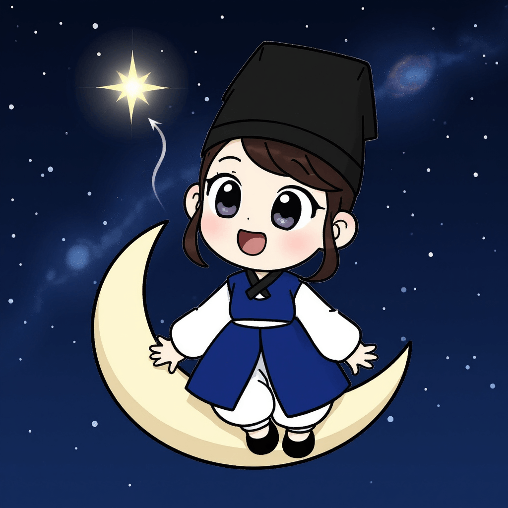 Project SKKU Character by Geonhui - Yuri is sitting on a large, glowing crescent moon in a starry night sky