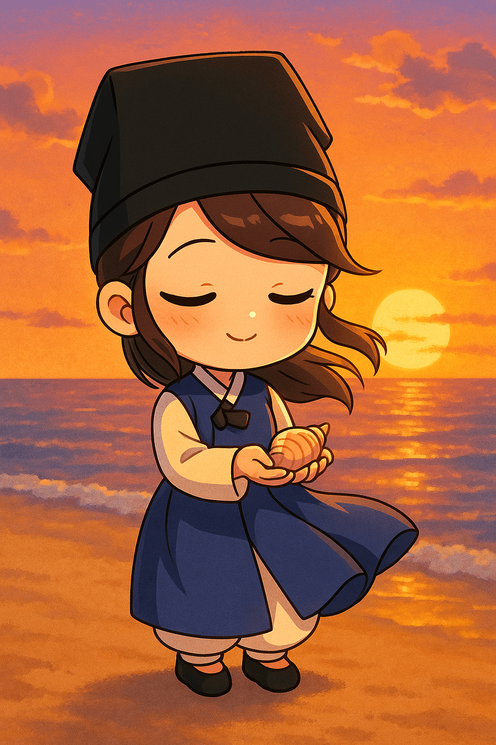 Project SKKU Character by Geonhui - Yuri is standing on a beach at sunset, looking out at the ocean