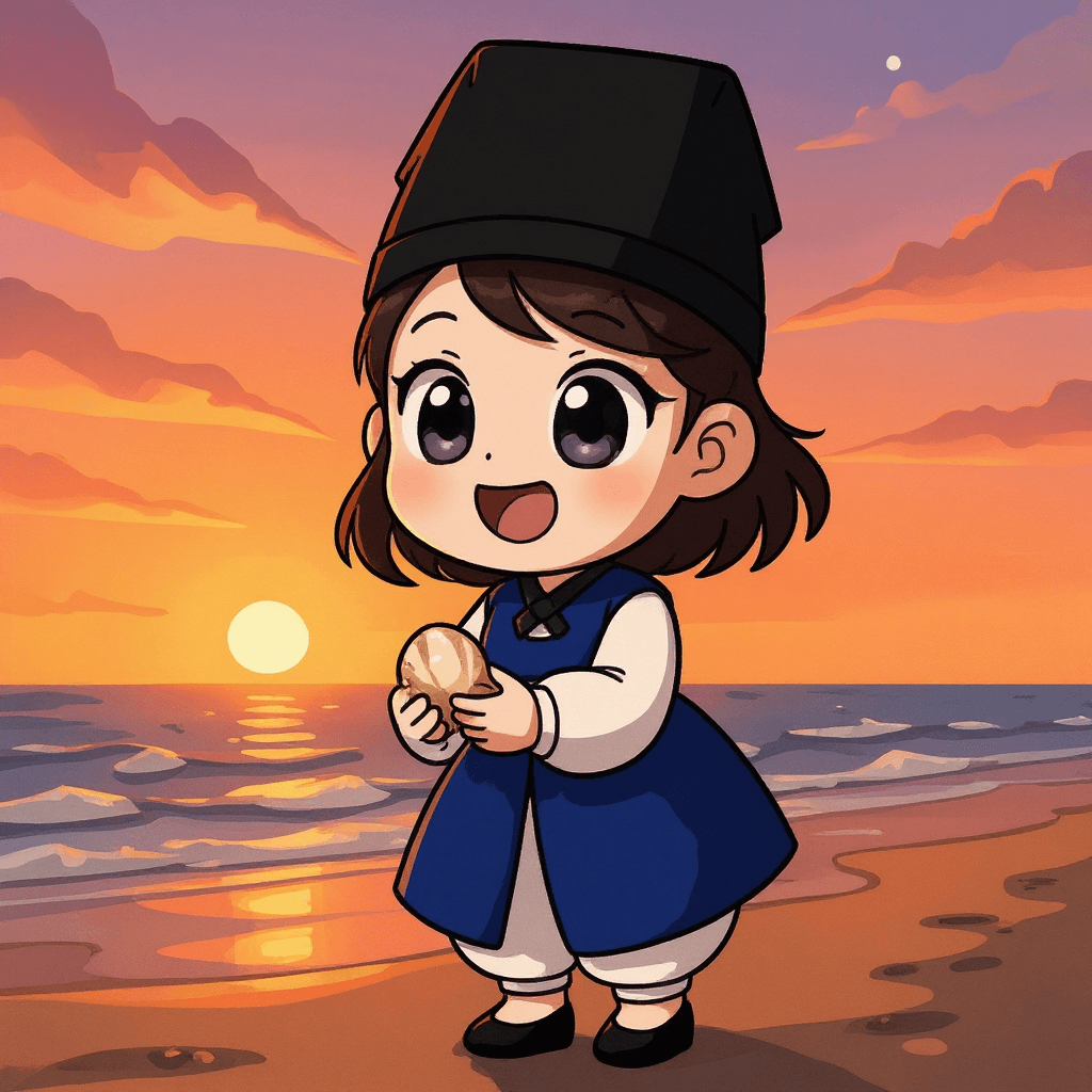 Project SKKU Character by Geonhui - Yuri is standing on a beach at sunset, looking out at the ocean