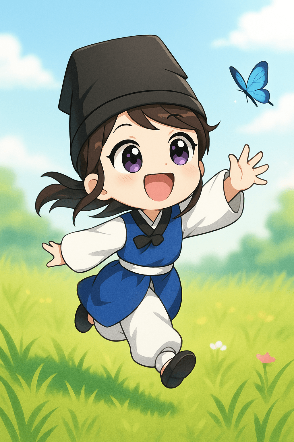 Project SKKU Character by Geonhui - Yuri is joyfully leaping forward to catch a single, glowing blue butterfly