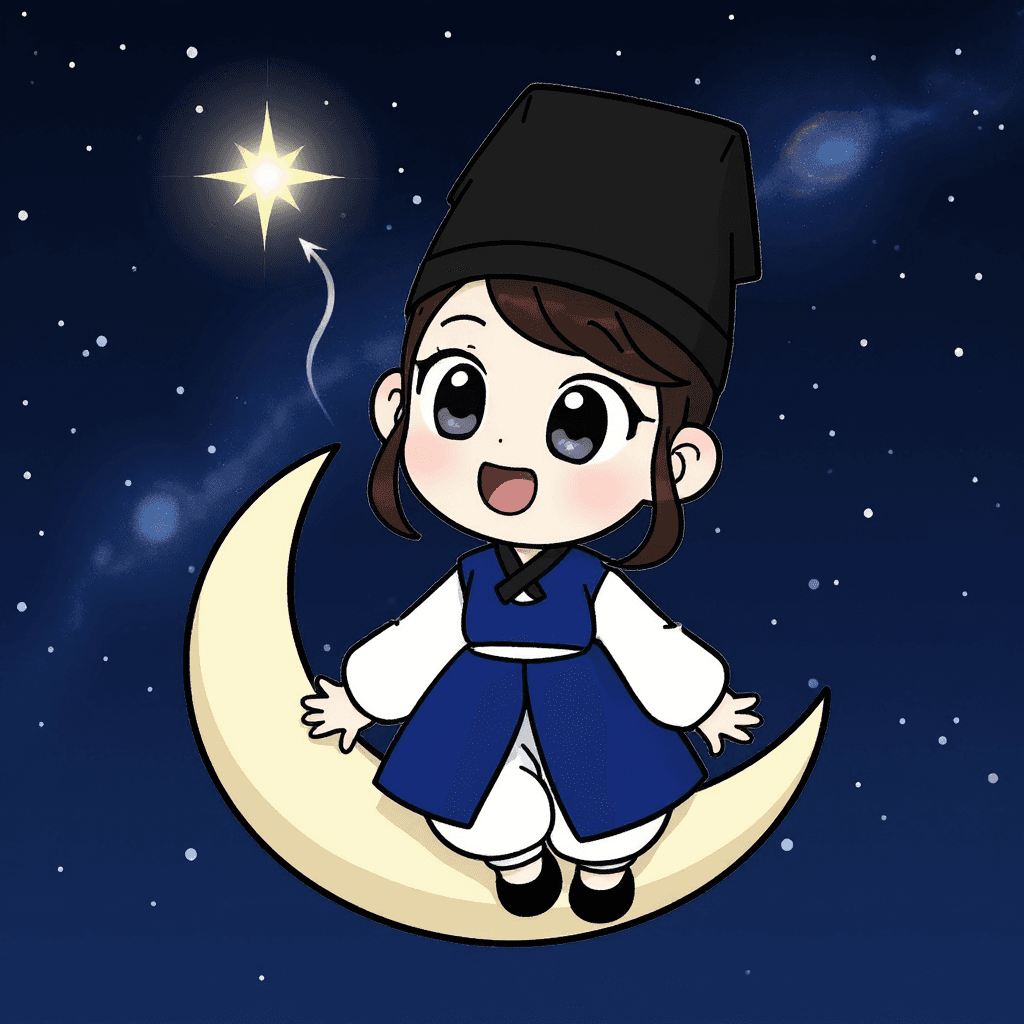 Project SKKU Character by Geonhui - Yuri is sitting on a large, glowing crescent moon in a starry night sky
