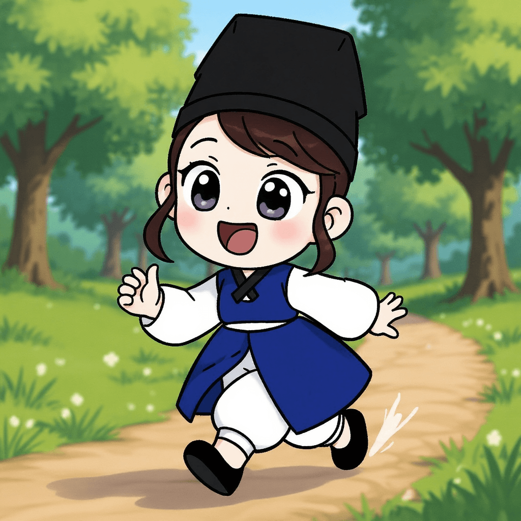 Project SKKU Character by Geonhui - A dynamic, low-angle shot of Yuri running towards the viewer on a park pathway